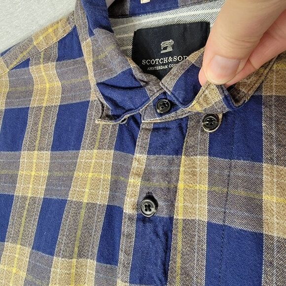 Scotch and Soda Flannel Button Down Shirt Mens S Long Sleeve Blue Gold Plaid - Picture 7 of 14